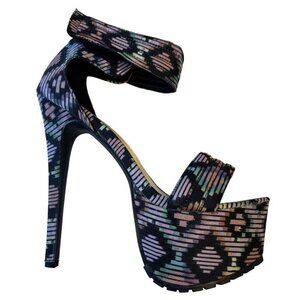 BUMPER / Daniella / Black & Pink / Tribal Print / Platform / High Heels With Ank